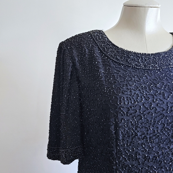 100% Pure Silk Mark & John By Gopal Black Beaded Cocktail Elegant Dress Sz Large - Picture 9 of 16